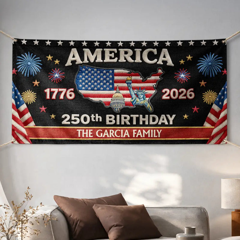 Faux Embroidery Effect 250th Birthday America Family Name - Personalized Horizontal Banner