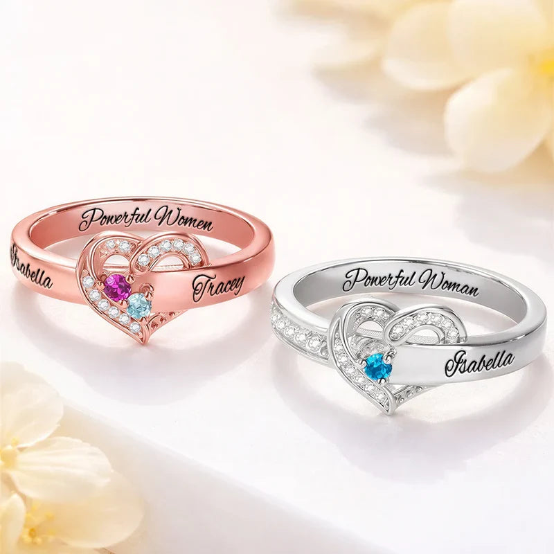 Custom Name Gemstones Jewelry Heart Shaped For Grandma Mom - Personalized Birthstone Heart Ring