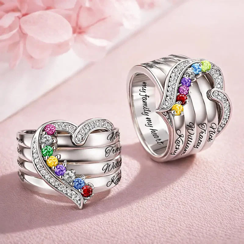 Custom Name Gemstones Jewelry Heart Shaped For Grandma Mom - Personalized Birthstone Heart Ring