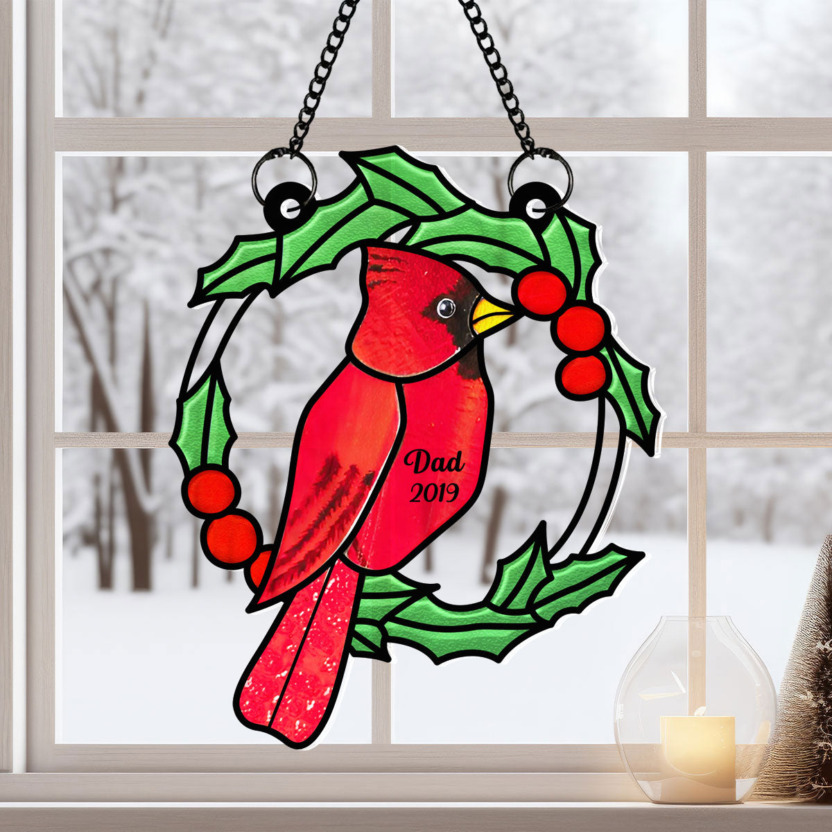 Christmas Wreath Cardinal Memorial Personalized Window Hanging Suncatcher Ornament, Sympathy Gift