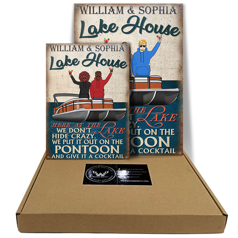 Here At The Lake - Gift For Pontoon Boat Owner - Personalized Custom Classic Metal Signs