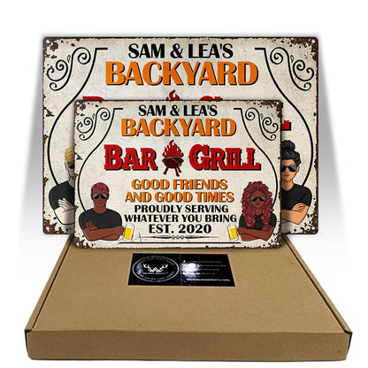 Proudly Serving Whatever You Bring - Backyard Bar And Grill - Personalized Custom Classic Metal Signs