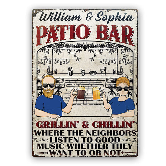 Patio Bar Listen To Good Music - Gift For Couples - Personalized Custom Classic Metal Signs