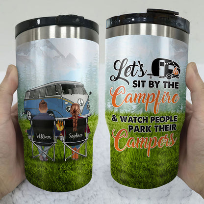 Let's Sit By The Fire Camping Couple - Gift For Couple - Personalized Custom Triple 3 In 1 Can Cooler