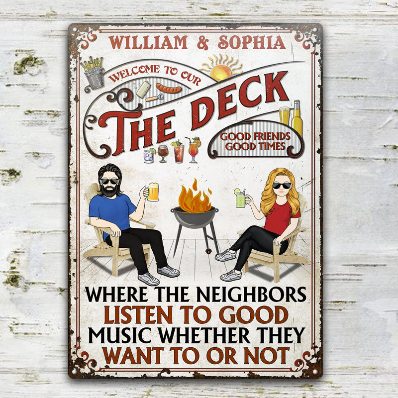 Family Couple Listen To The Good Music Deck - Personalized Custom Classic Metal Signs