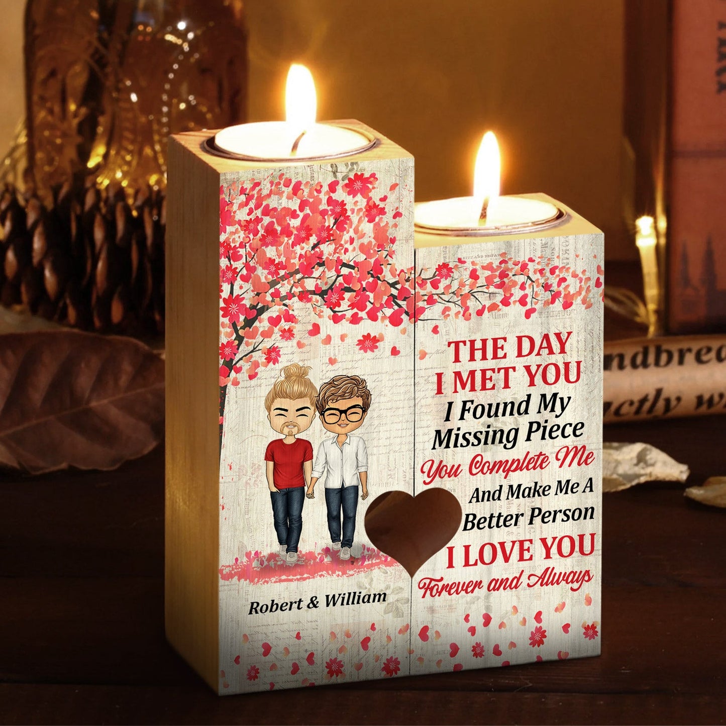 The Day I Met You I Found My Missing Piece - Anniversary, Birthday Gift For Spouse, Lover, Husband, Wife, Boyfriend, Girlfriend, Couple - Personalized Custom Candle Holder