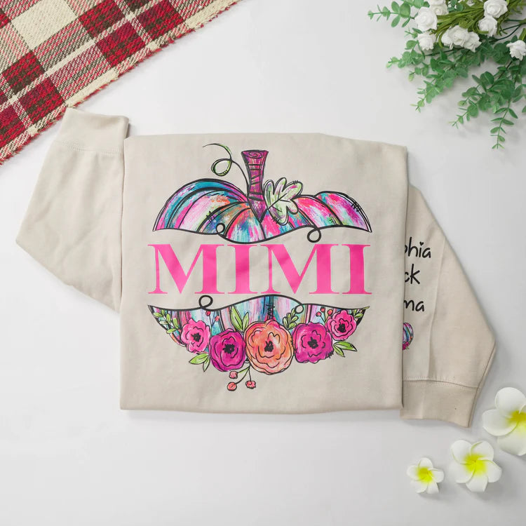 Personalized Mimi Painted Pumpkin And Grandkids Autumn Sweatshirt