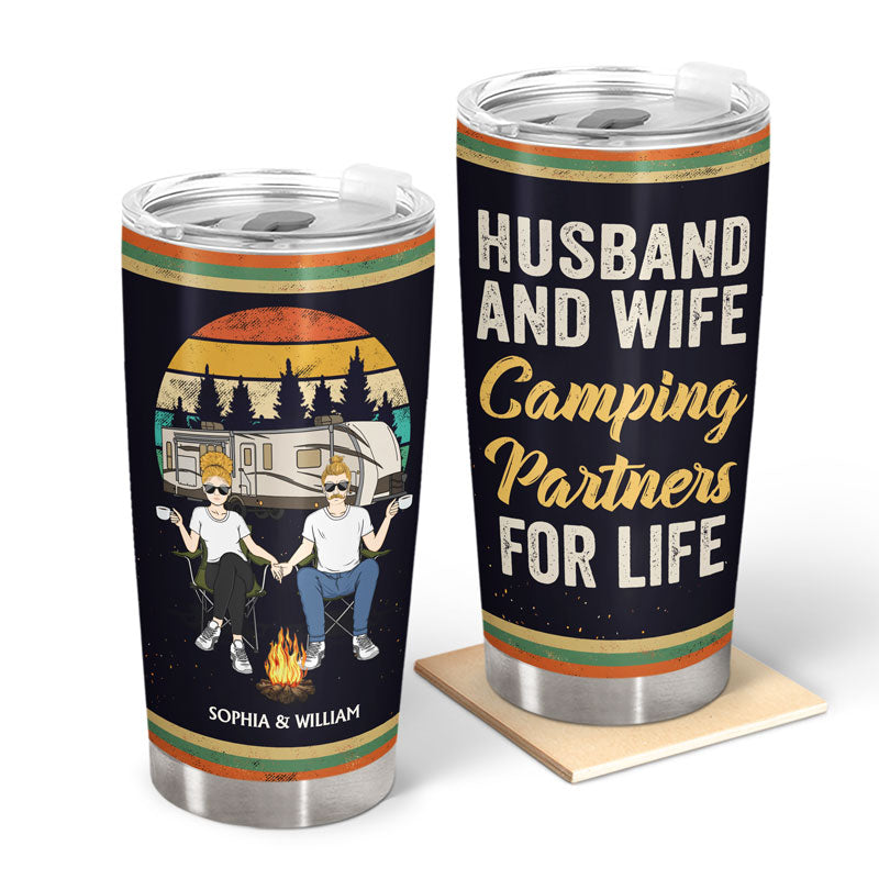 Husband And Wife Camping Partners For Life Retro Black - Couple Gift - Personalized Custom Tumbler