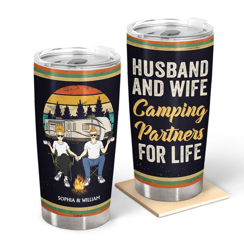 Husband And Wife Camping Partners For Life Retro Black - Couple Gift - Personalized Custom Tumbler