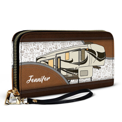 RV Aesthetic Pattern - Gift For Camping Lovers - Personalized Leather Long Wallet
