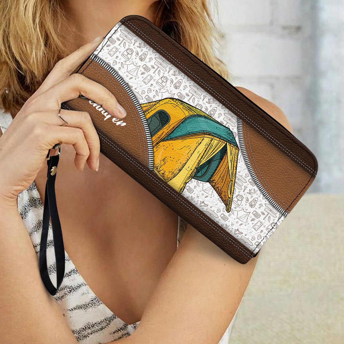 RV Aesthetic Pattern - Gift For Camping Lovers - Personalized Leather Long Wallet