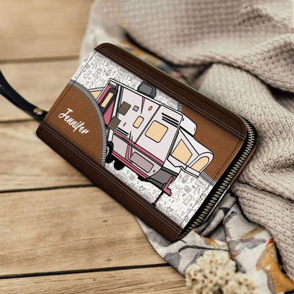 RV Aesthetic Pattern - Gift For Camping Lovers - Personalized Leather Long Wallet