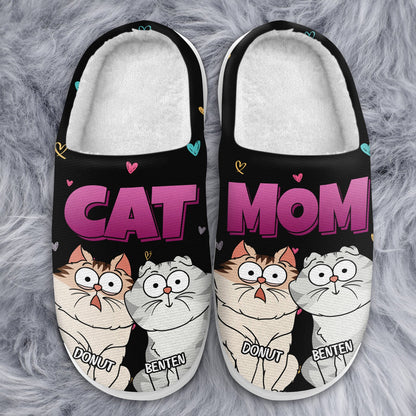Cat Mom Cartoon - Gift For Cat Mom, Cat Lovers - Personalized Fluffy Slippers
