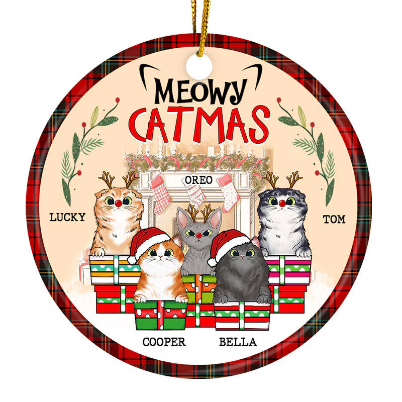 Meowy Catmas - Christmas Gift For Cat Lovers - Personalized Custom Circle Acrylic Ornament