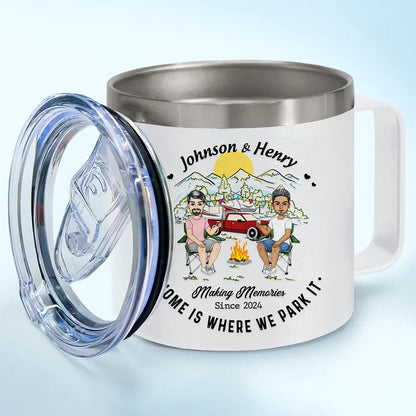 Home Is Where We Park It Camping Couples - Personalized 14oz Stainless Steel Tumbler With Handle