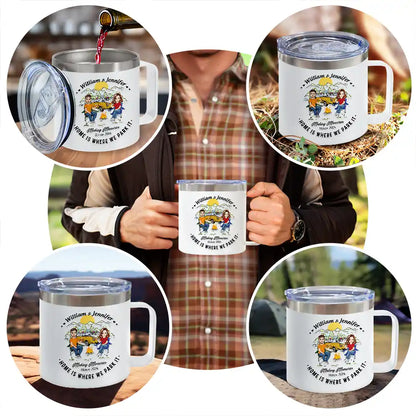 Home Is Where We Park It Camping Couples - Personalized 14oz Stainless Steel Tumbler With Handle