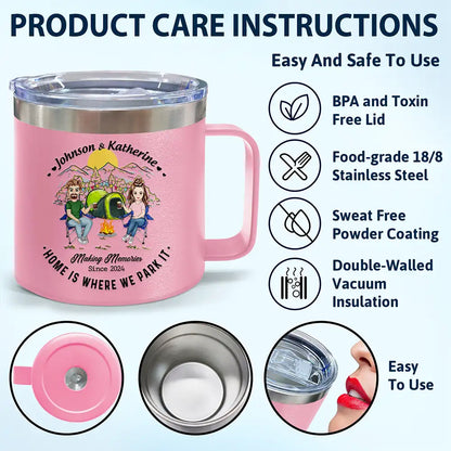 Home Is Where We Park It Camping Couples - Personalized 14oz Stainless Steel Tumbler With Handle
