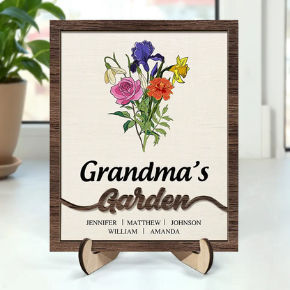 Grandma's Garden Birth Flower Bouquet - Personalized 2-Layered Wooden Plaque With Stand