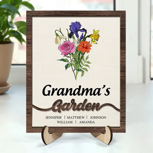 Grandma's Garden Birth Flower Bouquet - Personalized 2-Layered Wooden Plaque With Stand