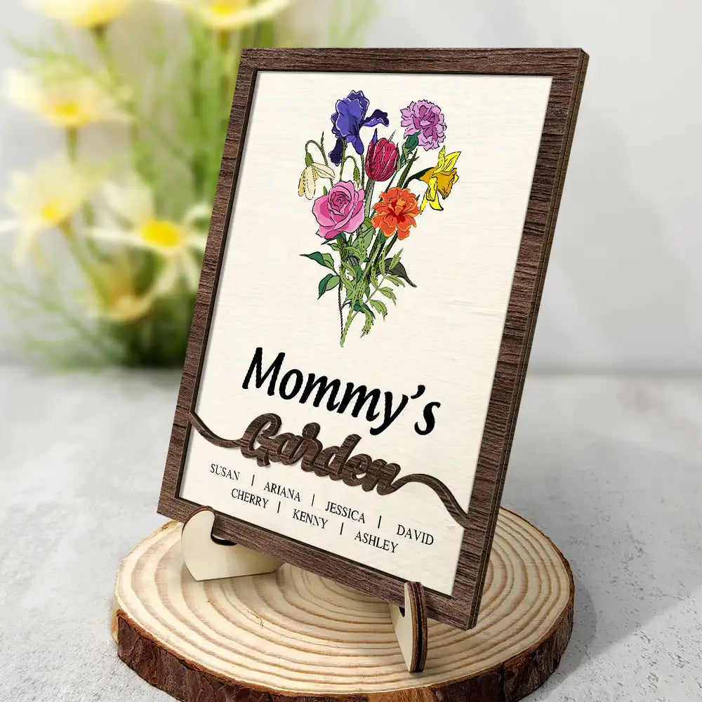 Grandma's Garden Birth Flower Bouquet - Personalized 2-Layered Wooden Plaque With Stand