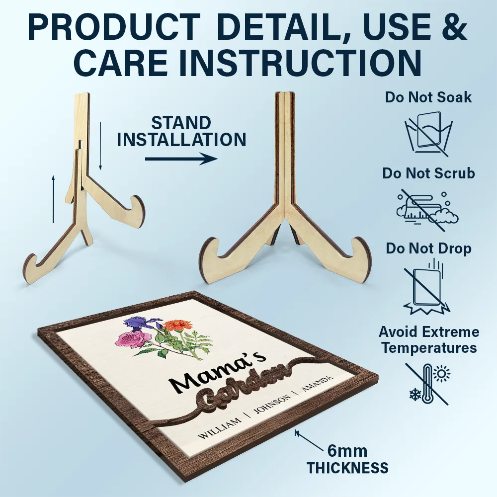 Grandma's Garden Birth Flower Bouquet - Personalized 2-Layered Wooden Plaque With Stand