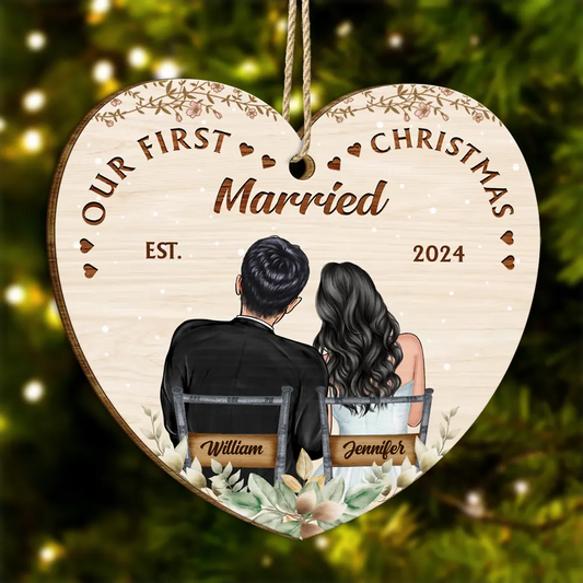 Our First Christmas Married Couples - Personalized Custom Shaped Wooden Ornament