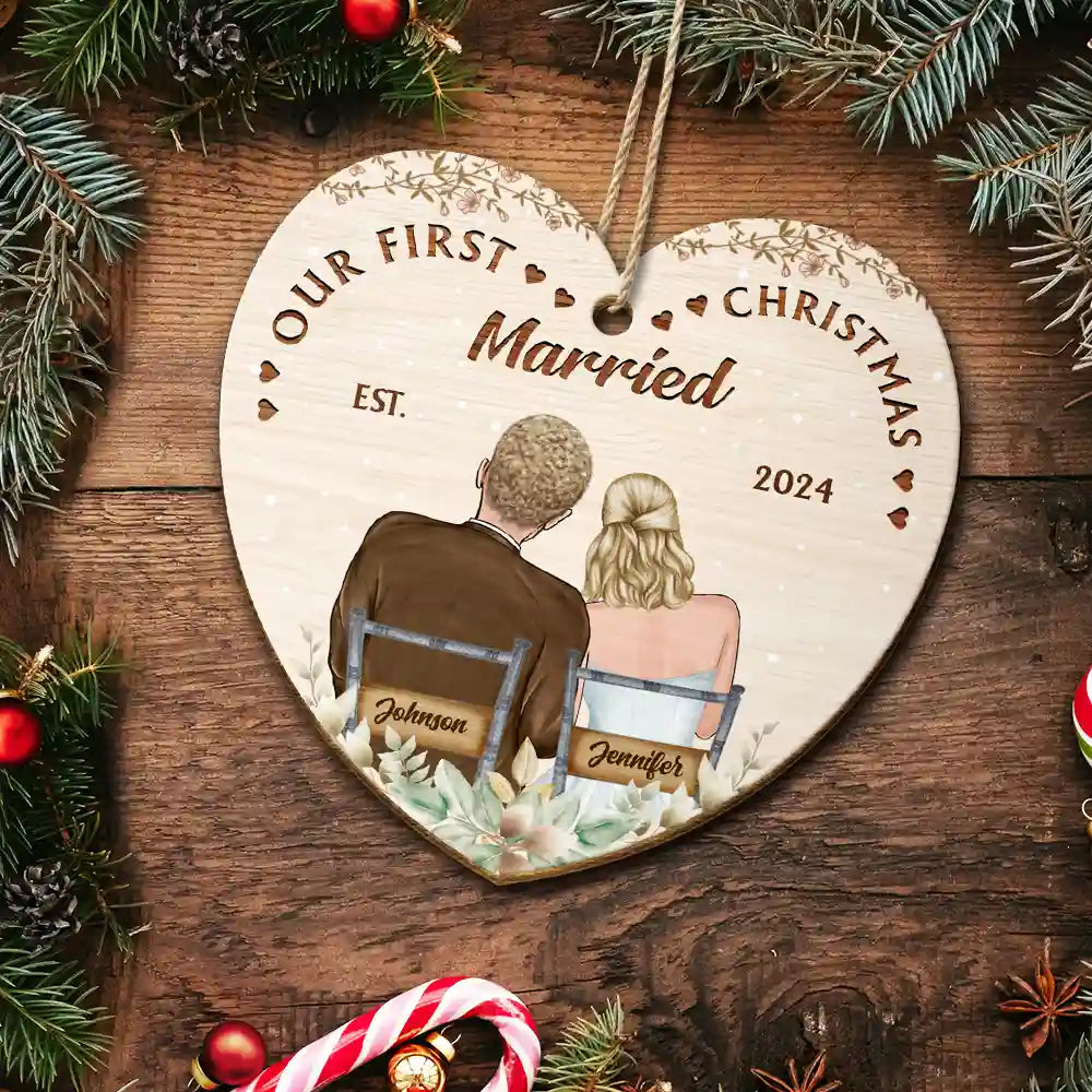 Our First Christmas Married Couples - Personalized Custom Shaped Wooden Ornament