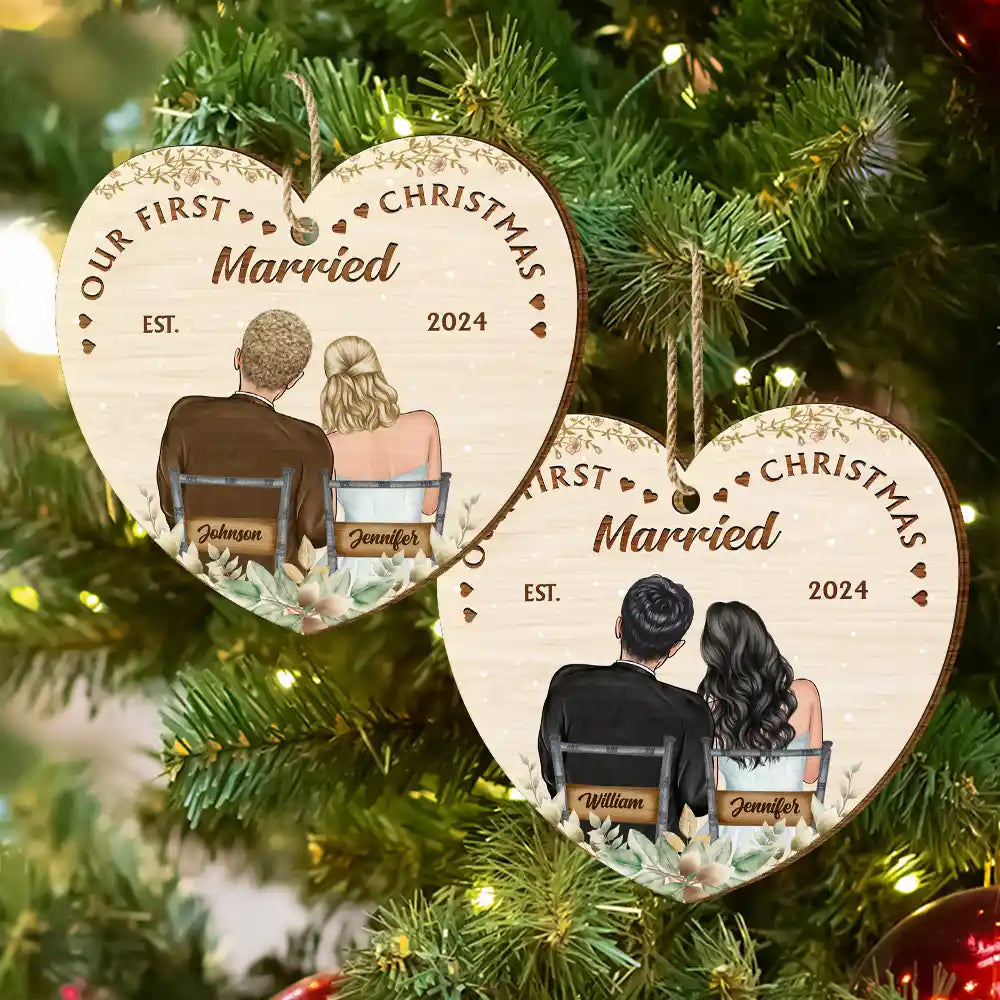 Our First Christmas Married Couples - Personalized Custom Shaped Wooden Ornament