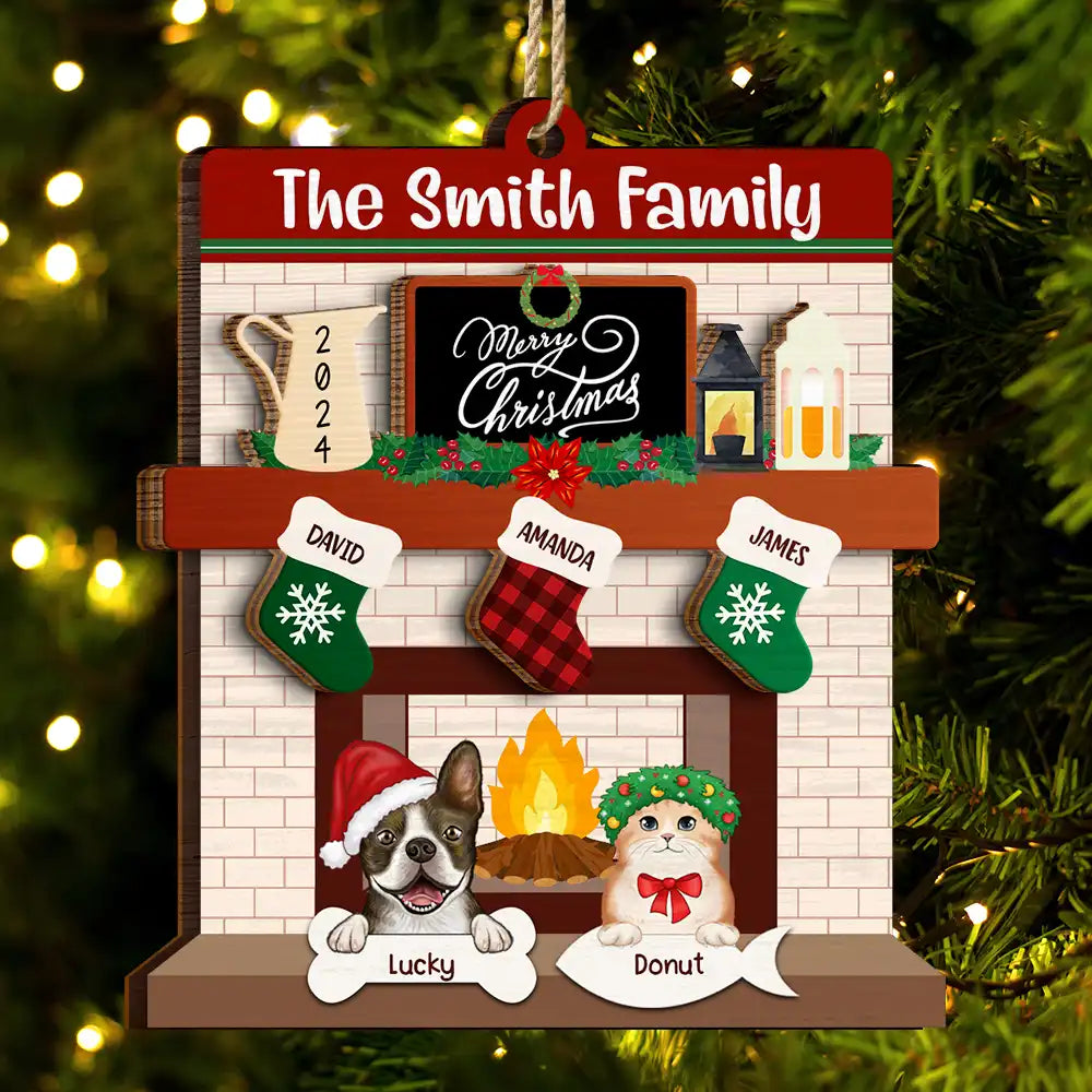 Family Fire Place Stocking Christmas - Personalized 2-Layered Wooden Ornament