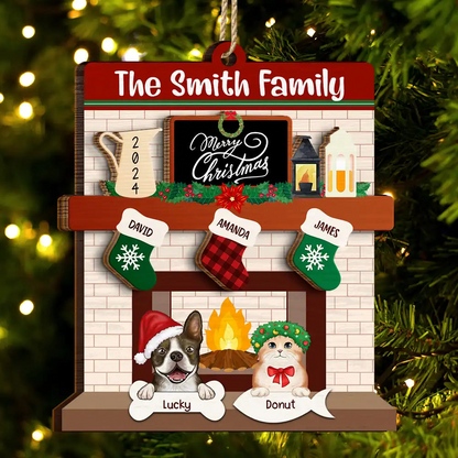 Family Fire Place Stocking Christmas - Personalized 2-Layered Wooden Ornament