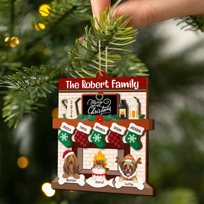 Family Fire Place Stocking Christmas - Personalized 2-Layered Wooden Ornament