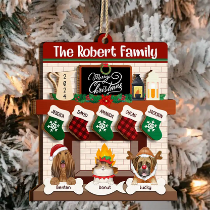 Family Fire Place Stocking Christmas - Personalized 2-Layered Wooden Ornament