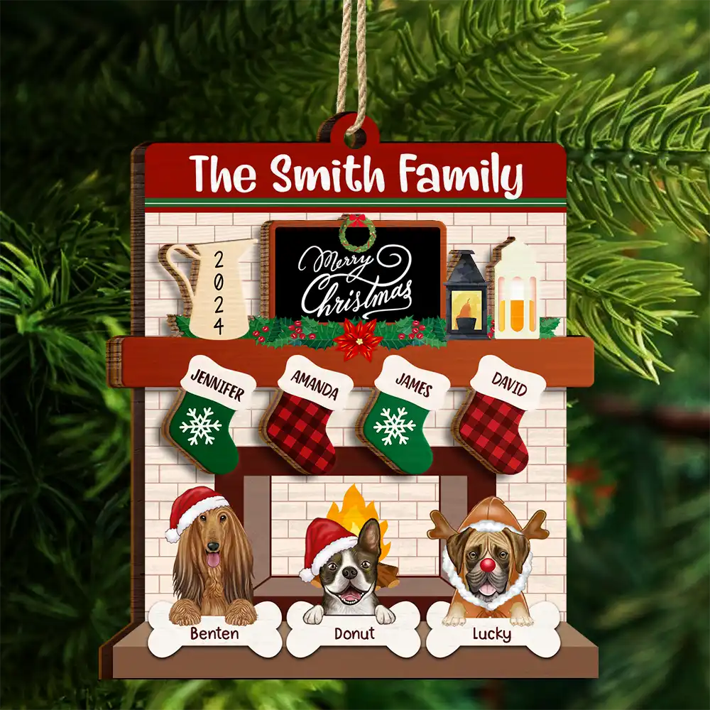 Family Fire Place Stocking Christmas - Personalized 2-Layered Wooden Ornament