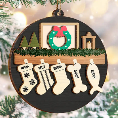 Family And Pet Christmas - Personalized Wooden Ornament