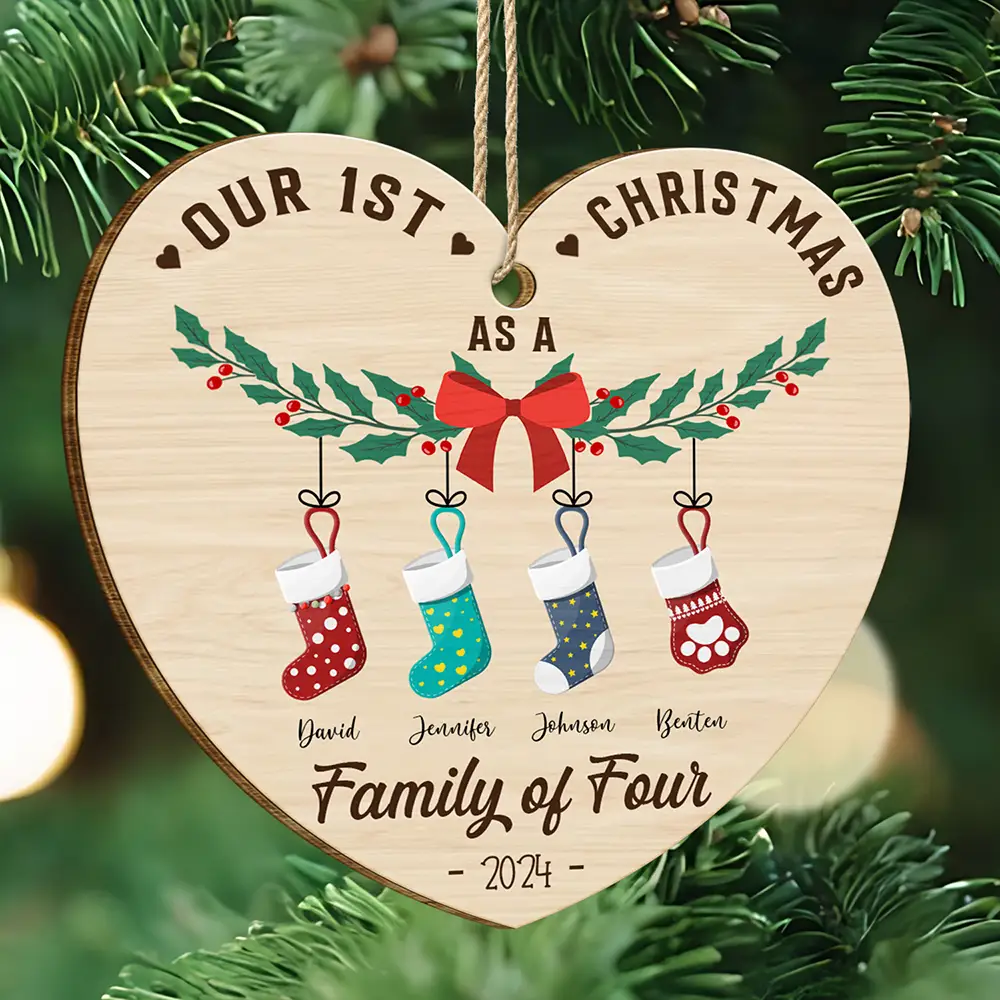 First Christmas As A Family Of Four Stocking - Personalized Wood Ornament