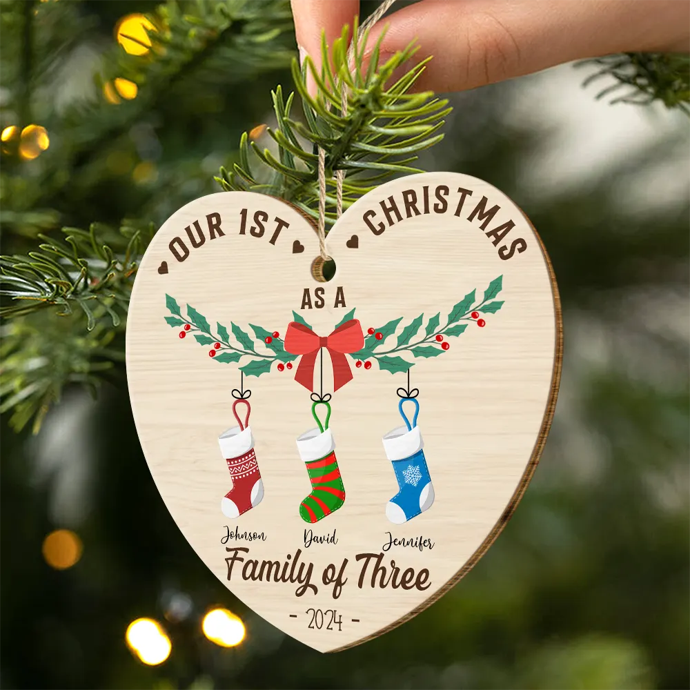 First Christmas As A Family Of Four Stocking - Personalized Wood Ornament