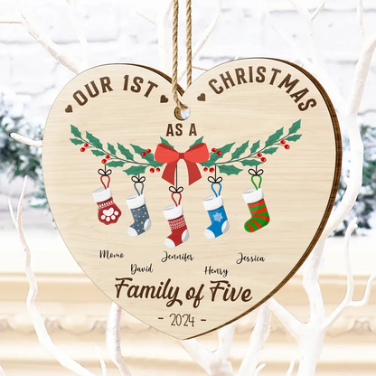 First Christmas As A Family Of Four Stocking - Personalized Wood Ornament