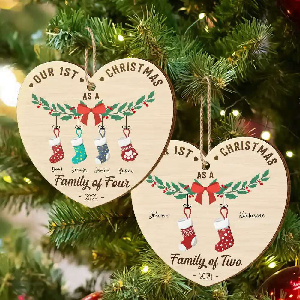 First Christmas As A Family Of Four Stocking - Personalized Wood Ornament