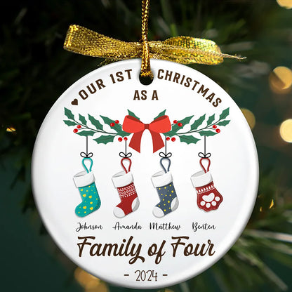 First Christmas As A Family Of Four Stocking - Personalized Circle Ornament