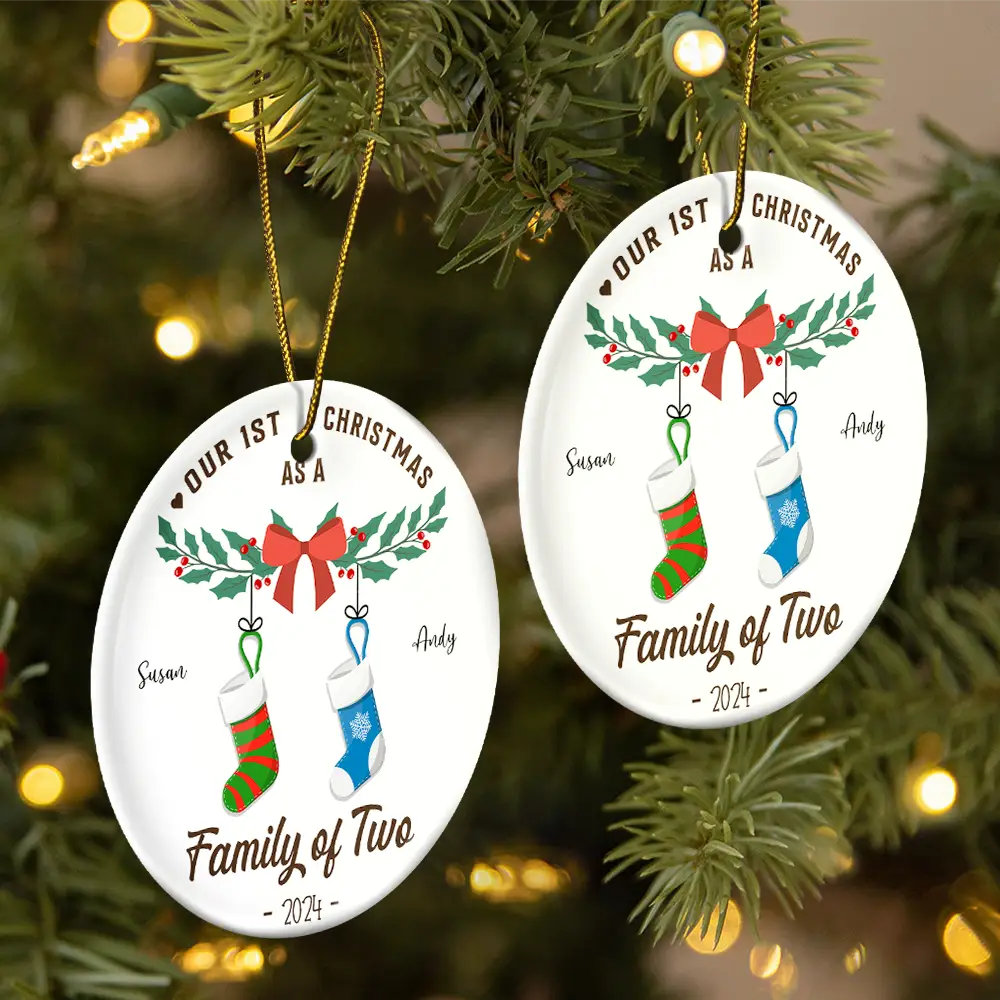 First Christmas As A Family Of Four Stocking - Personalized Circle Ornament