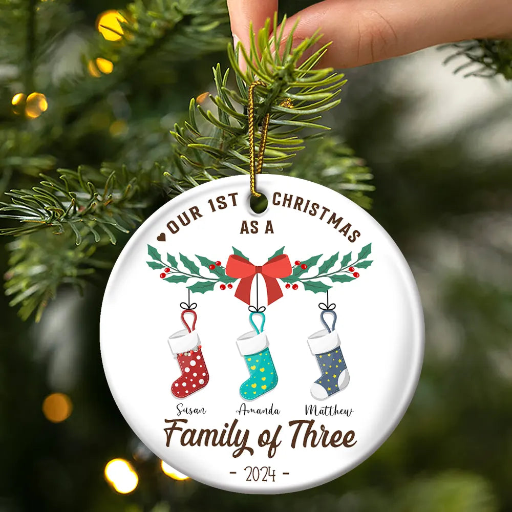 First Christmas As A Family Of Four Stocking - Personalized Circle Ornament