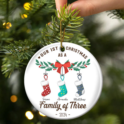 First Christmas As A Family Of Four Stocking - Personalized Circle Ornament