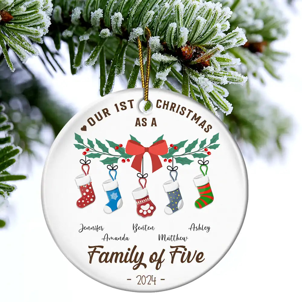 First Christmas As A Family Of Four Stocking - Personalized Circle Ornament