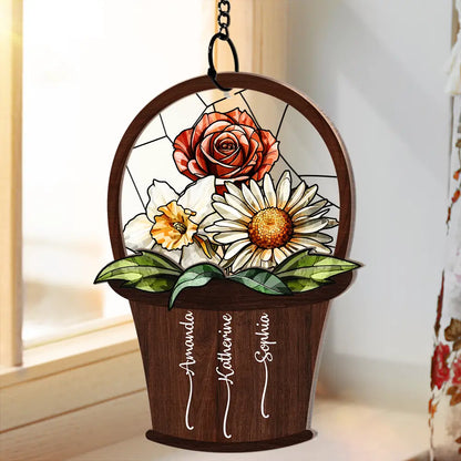 Birth Flower Basket Sisters Besties - Personalized Window Hanging Suncatcher Ornament