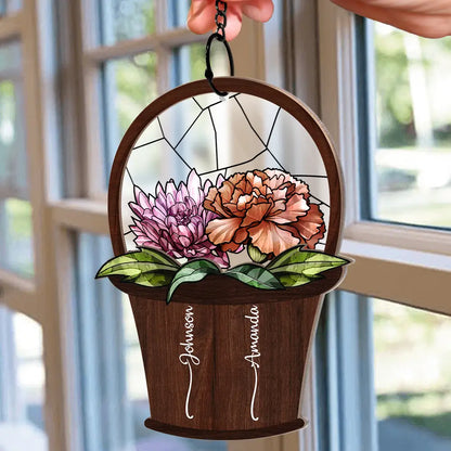 Birth Flower Basket Sisters Besties - Personalized Window Hanging Suncatcher Ornament