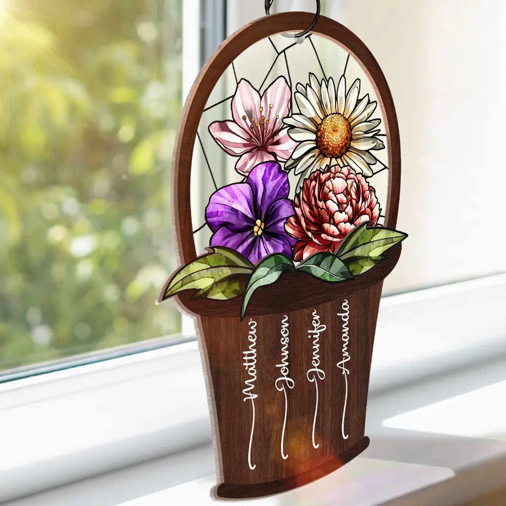 Birth Flower Basket Sisters Besties - Personalized Window Hanging Suncatcher Ornament