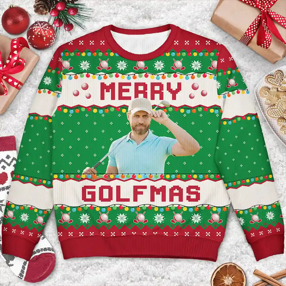 Custom Photo Merry Golfmas - Personalized Unisex Ugly Sweater