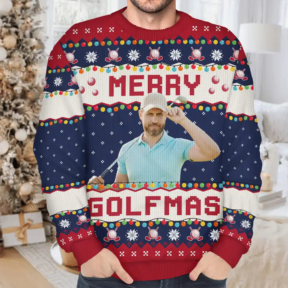 Custom Photo Merry Golfmas - Personalized Unisex Ugly Sweater