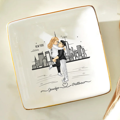 City Skyline Couple Married Engaged - Personalized Ring Dish