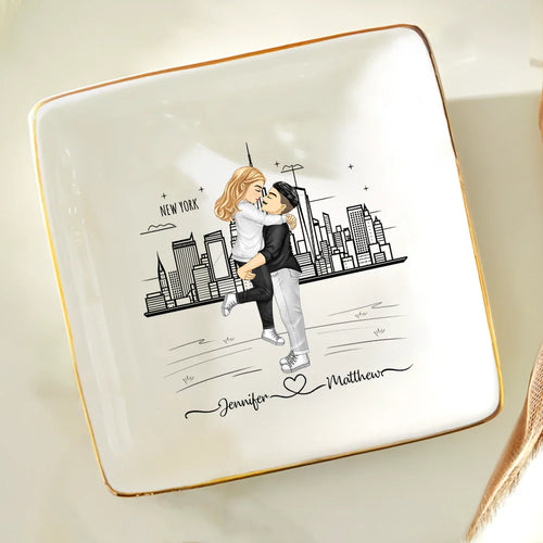 City Skyline Couple Married Engaged - Personalized Ring Dish